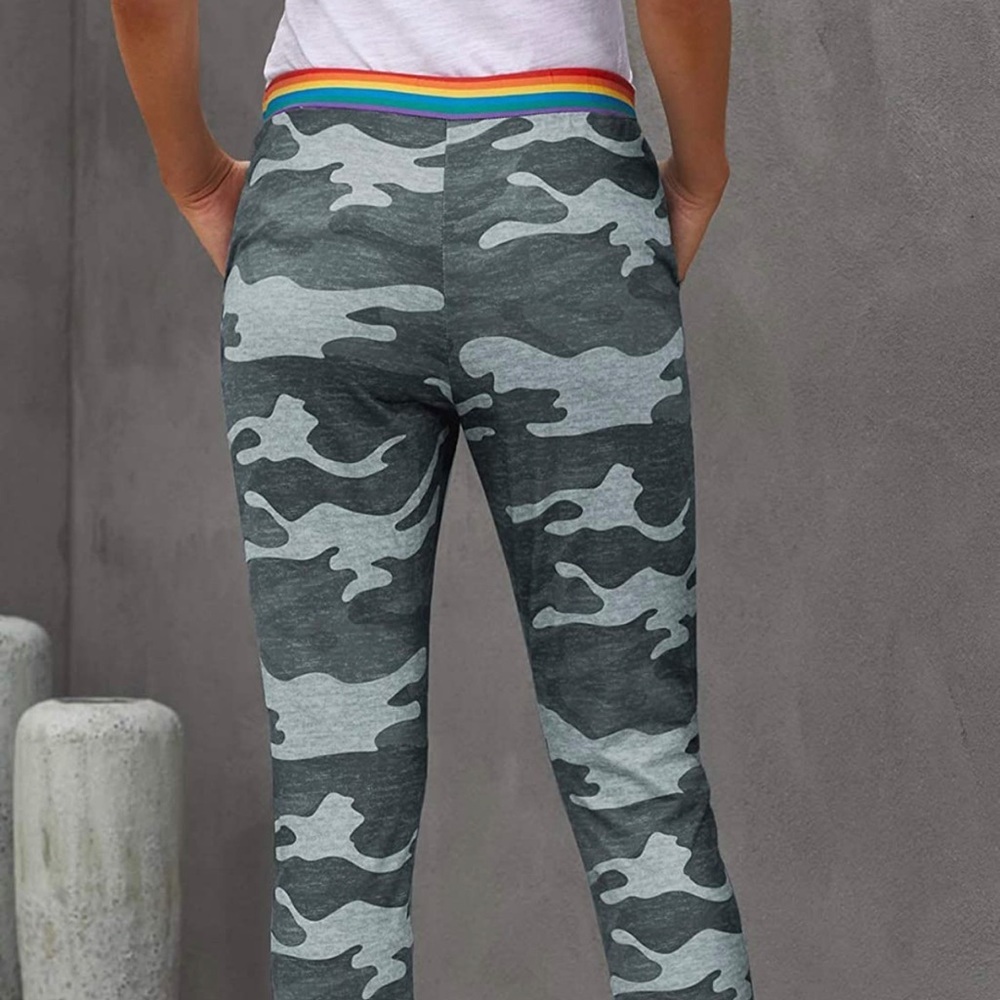 Women Rainbow Stripe Camo Joggers Yoga Pants Drawstring Waist Pants with Pocket - Picture 4 of 5